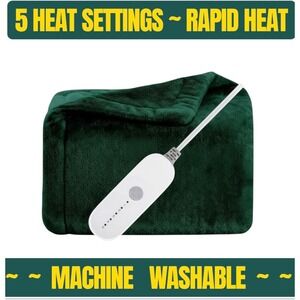 Heated Electric Blanket Throw 5 Heat Settings Auto Off Warm Plush‎ Flannel Green